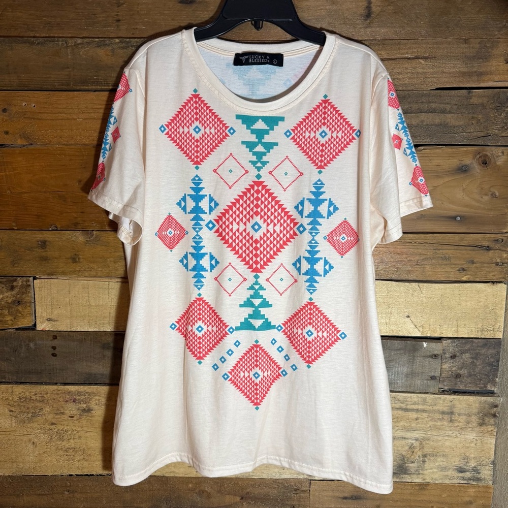 L&B Ivory Coral Turquoise Aztec Printed Short Sleeve Top Lucky &‎ Blessed size L